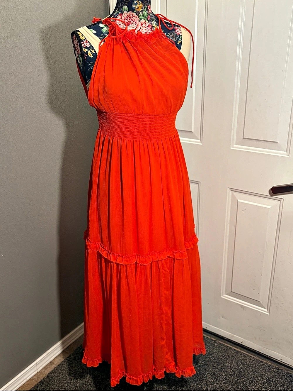 NWT Banana Republic Womens Pleated Smocked Halter Maxi Dress Red Orange XS
